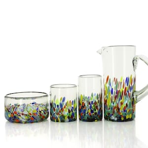 Mouth-blown glass CONFETI, Fairtrade from Mexico, drinking glasses, water jug, bowl | juice jug, long drink, cereal bowl | Konfeti