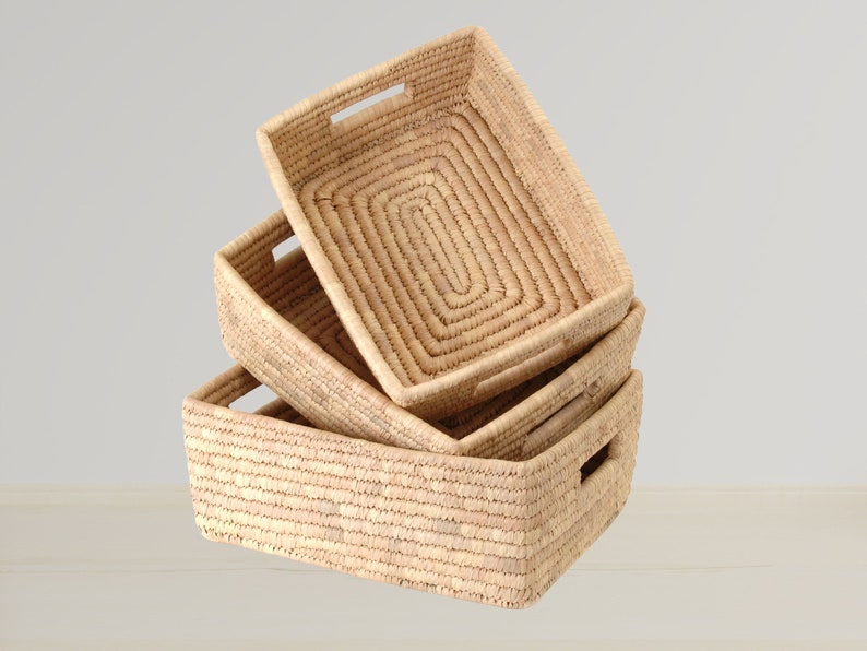 Handmade basket SQUARE, palm leaf three sizes, square with handles Storage, order, fair trade from Bangladesh, sustainable & fair image 2