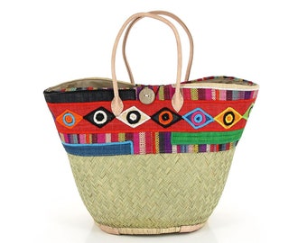 HUBLOTS basket bag made of raffia with leather handle, closure & inner compartment, width 35 cm, fair trade shopping basket, handwoven from Madagaksar