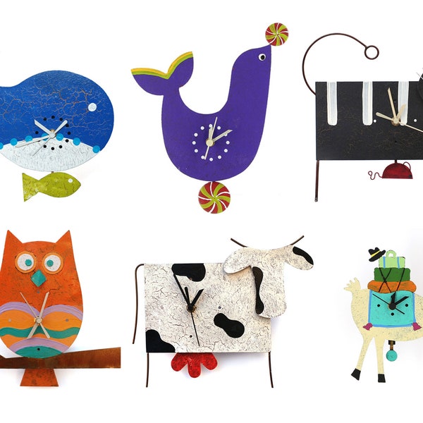 Horloges murales avec pendule faites à la main, motifs d'animaux pour chambres d'enfants : baleine, phoque, chat, chouette, vache, lama. Commerce équitable de Colombie, métal peint à la main