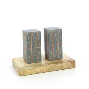 Salt and pepper shaker SQUARE, Palewa stone with tray made of mango wood, fair trade from India, high-quality handcraft image 1