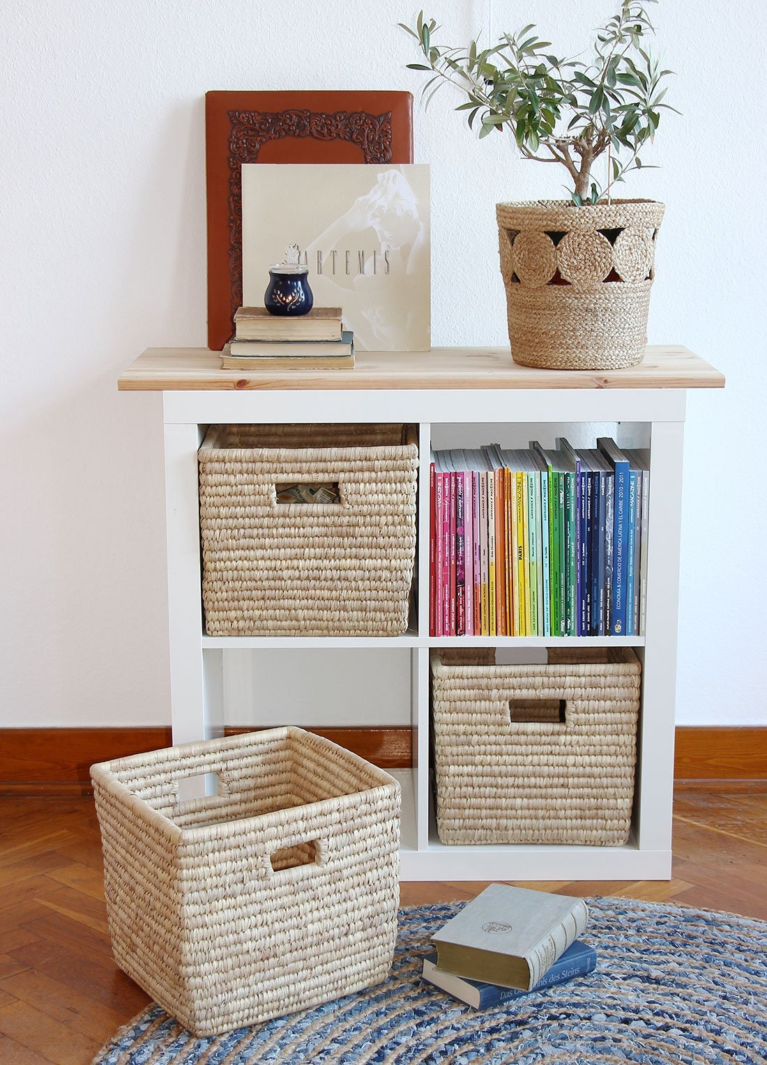 Mand REGAL Palmbatt, 32 cm, handgemaakt vierkant met handvatten | Kinderkamer, opbergdoos, plankmand vierkant natuurlijk materiaal - Fairtrade!