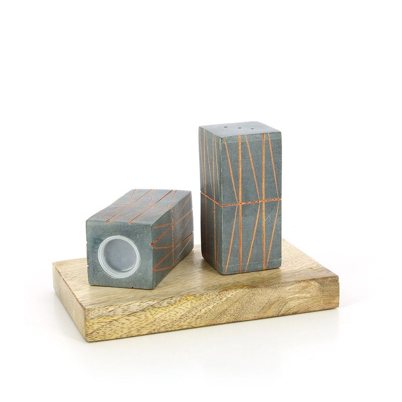 Salt and pepper shaker SQUARE, Palewa stone with tray made of mango wood, fair trade from India, high-quality handcraft image 2