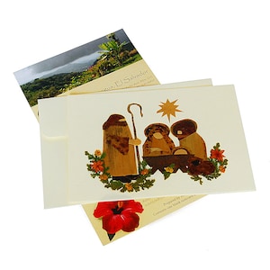 Grusskarte KRIPPE GROSS Weihnachten, getrocknete Wildblumen, traditionelle Handarbeit aus El Salvador, Fair Trade, Recycling-Papier