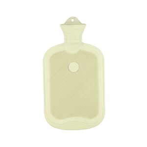 May include: A cream-colored hot water bottle with a ribbed surface. The bottle has a rounded rectangular shape with a circular stopper and a neck with a hole for hanging. The product is made of rubber.