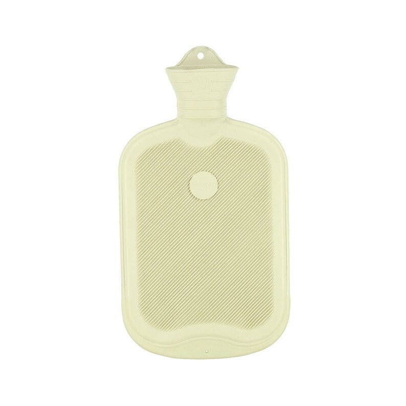 May include: A cream-colored hot water bottle with a ribbed surface. The bottle has a rounded rectangular shape with a circular stopper and a neck with a hole for hanging. The product is made of rubber.