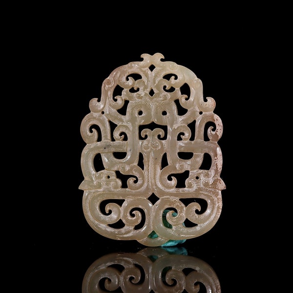 OldPoetry \ Han Dynasty Hollow Double Dragon and Phoenix Pattern Jade Pai Pendant \ Ancient Jade Amulet Jewellery Antique Chinese Collection