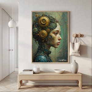 Welcome guests with "The Gears That Own the Soul," a captivating cyberpunk portrait featuring a female figure entwined with golden gears and futuristic AI mechanics. The intricate details and steampunk elements create a bold and visionary statement.