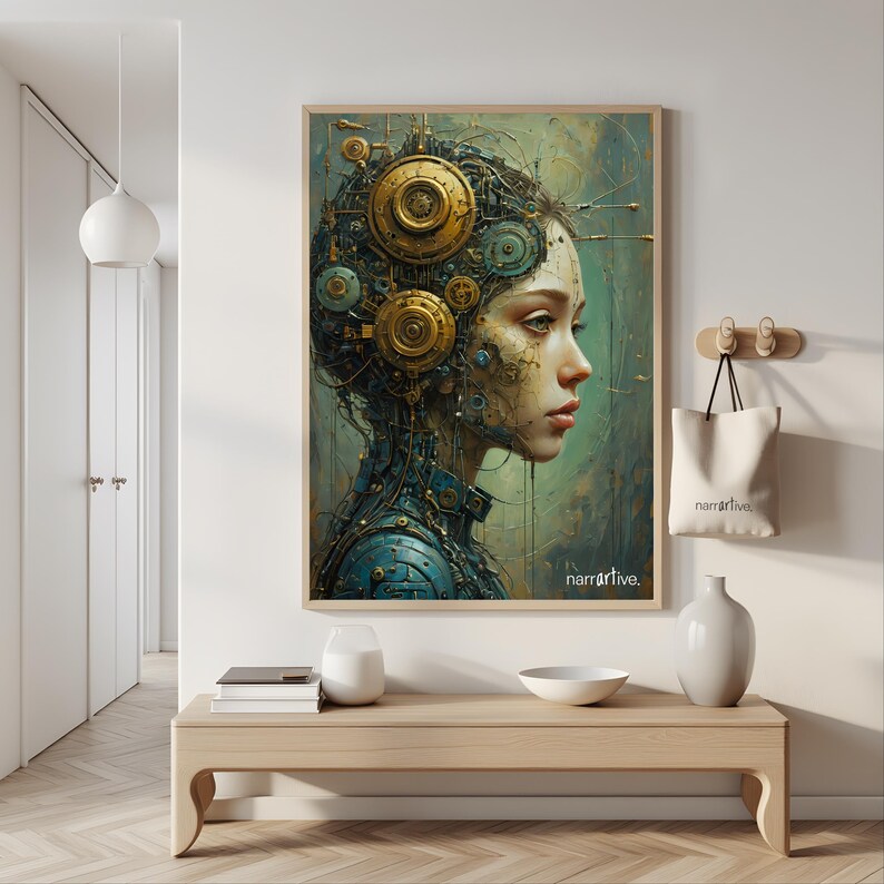 Welcome guests with "The Gears That Own the Soul," a captivating cyberpunk portrait featuring a female figure entwined with golden gears and futuristic AI mechanics. The intricate details and steampunk elements create a bold and visionary statement.