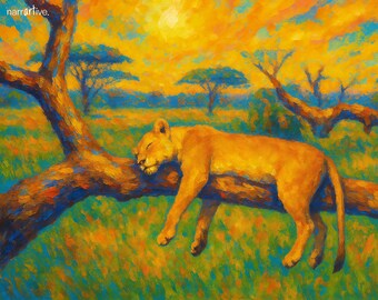 Lion Resting Wall Art – Peaceful Safari Animal Print, Wildlife Digital Download, Tranquil Nature Decor – The Stillness That Softens the Sun