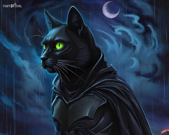 Superhero Cat Portrait – Gotham-Inspired Pet Wall Art, Vigilante Noir Animal Print, Moody Digital Artwork, Home Decor – The Dark Purrtector