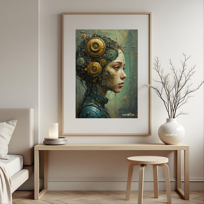 Add a futuristic and thought-provoking touch to your bedroom with "The Gears That Own the Soul." The mechanical gears and deep expression evoke themes of AI consciousness, perfect for sci-fi and steampunk enthusiasts.