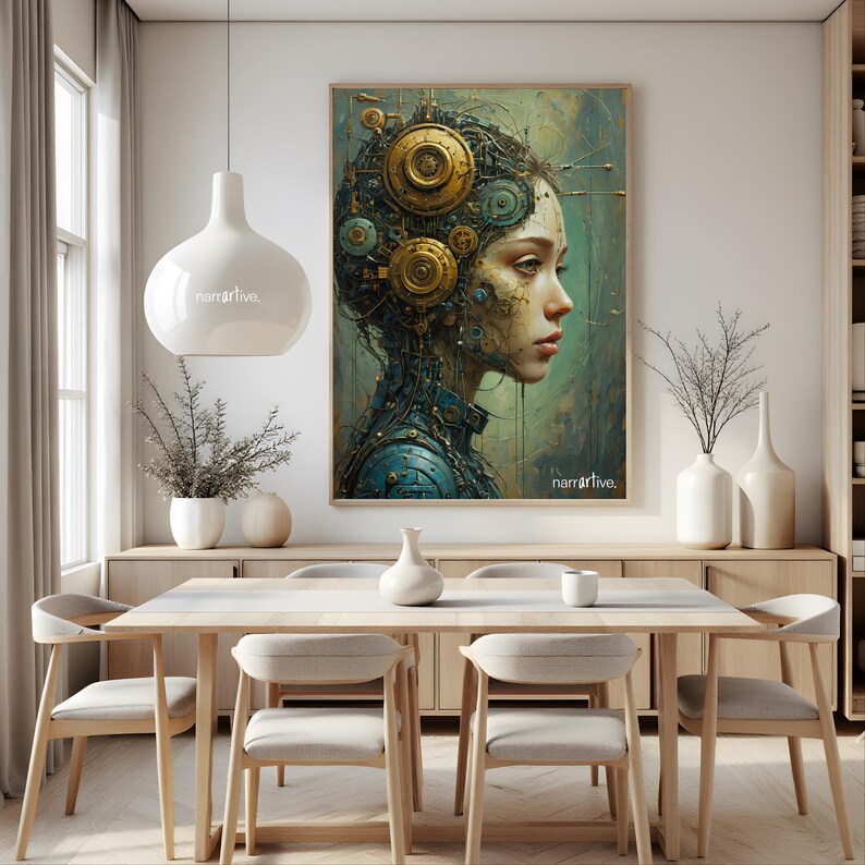Make a bold artistic statement in your dining room with "The Gears That Own the Soul." The intricate steampunk gears and cybernetic aesthetic create a futuristic, industrial ambiance that sparks conversation.