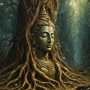 Könnte beinhalten: Ein Gemälde, das eine Gottheit mit einem dritten Auge zeigt, umgeben von Baumwurzeln, in einer Waldlandschaft. Das Gesicht der Gottheit ist ruhig und der Wald ist üppig und grün.