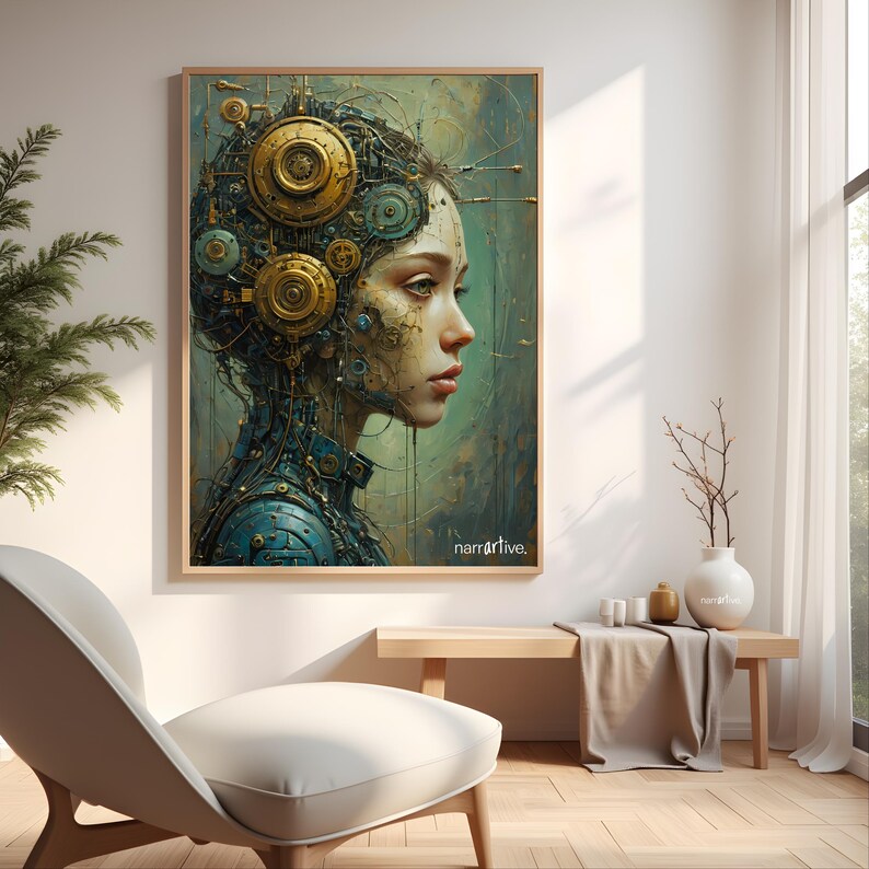 Immerse yourself in a world of sci-fi and surrealism with "The Gears That Own the Soul," a visionary digital portrait. The detailed mechanical elements and futuristic aesthetic create an inspiring setting for book lovers and dreamers.
