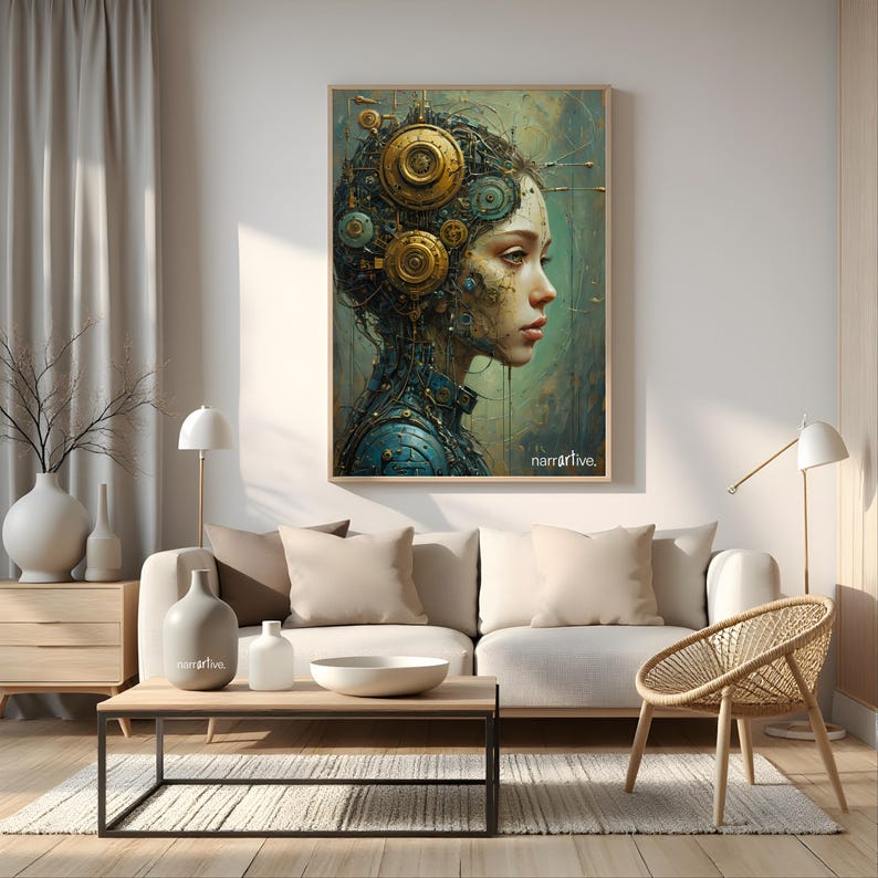 "The Gears That Own the Soul" transforms a living room into a cybernetic art space. The surreal fusion of mechanical and organic beauty in this AI-inspired female portrait makes it a striking conversation piece.