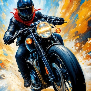 Puede incluir: Representación artística de un motociclista en movimiento. El piloto lleva un casco, una chaqueta y vaqueros negros, con una bufanda roja. La moto es negra con un neumático delantero grande y un faro brillante. El fondo presenta rayas azules, naranjas y amarillas.