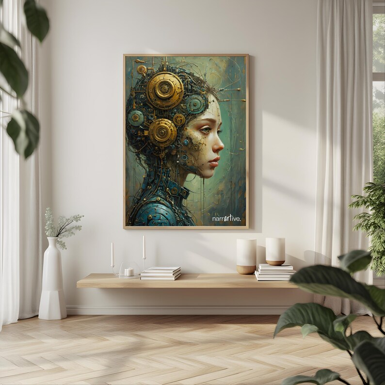 "The Gears That Own the Soul" adds a unique element of contemplation to a meditation or yoga space. The blend of human emotion and machine intelligence encourages deep thought on identity and consciousness.