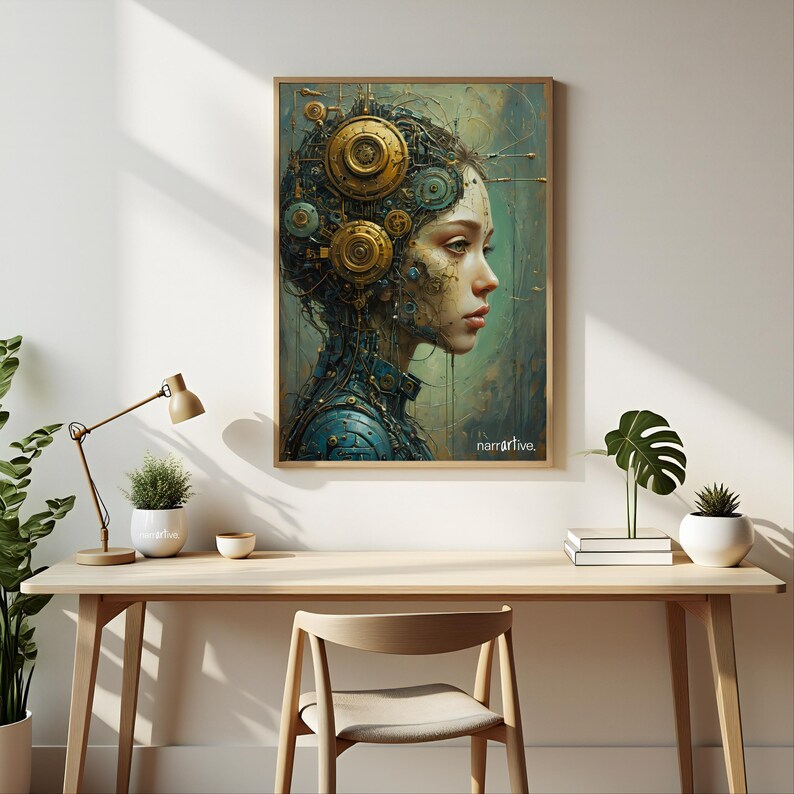 Inspire creativity and innovation in your home office with "The Gears That Own the Soul," a visionary AI-inspired artwork. The fusion of human and machine elements symbolizes the future of technology and thought.