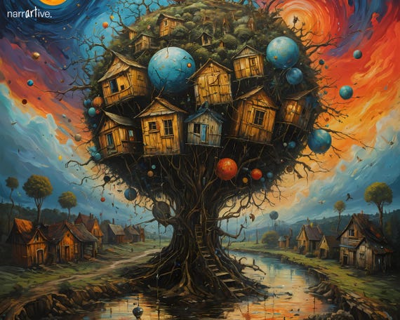 Whimsical Treehouse Wall Art – Fantasy Landscape Print, Atmospheric Nature Decor, Moody Digital Artwork – The World That Was Left Hanging