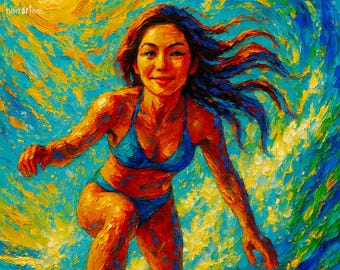 Surfer Girl Print – Ocean Wave Wall Art, Sporty Digital Painting, Dynamic Coastal Decor Download – The Storm That Carries Me Home