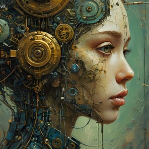 "The Gears That Own the Soul" – A stunning futuristic cyberpunk portrait featuring a female figure with intricate golden gears and mechanical elements embedded in her face and suit. The fusion of human emotion with steampunk machinery evokes themes of AI, technology, and identity. This surreal digital artwork is perfect for lovers of cybernetic aesthetics, futuristic sci-fi art, and visionary steampunk decor.
