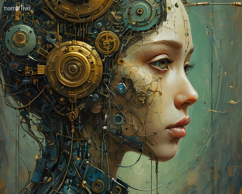 "The Gears That Own the Soul" – A stunning futuristic cyberpunk portrait featuring a female figure with intricate golden gears and mechanical elements embedded in her face and suit. The fusion of human emotion with steampunk machinery evokes themes of AI, technology, and identity. This surreal digital artwork is perfect for lovers of cybernetic aesthetics, futuristic sci-fi art, and visionary steampunk decor.
