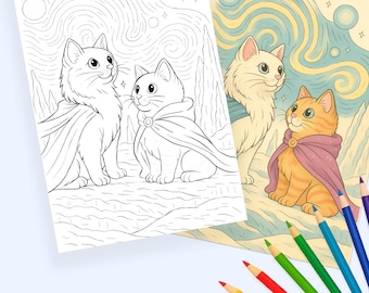 Fantasy Cat Coloring Page – Frozen Movie Inspired Printable, Whimsical Animal Art for Kids & Families, Aurora Night Digital Download