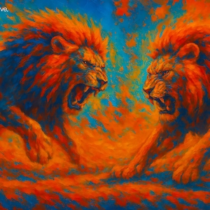 Könnte beinhalten: Zwei Löwen mit orangefarbenen und blauen Mähnen stehen sich gegenüber und brüllen mit offenem Maul. Der Hintergrund ist eine Mischung aus Orange, Blau und Gelb.