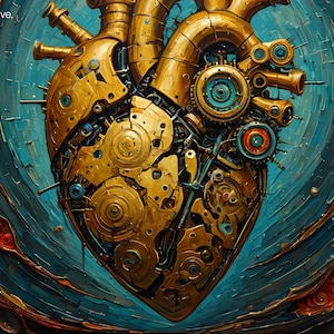 Könnte beinhalten: Ein detailliertes, kompliziertes und stilisiertes Gemälde eines goldenen mechanischen Herzens mit Zahnrädern und Zahnrädern. Das Herz ist vor einem wirbelnden blauen Hintergrund platziert.
