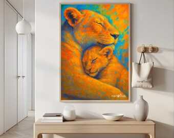 Lioness & Cub Wall Art – Emotional Animal Family Portrait, Symbolic Wildlife Decor, Mother's Day Gift Idea – The Arms That Silence the Wild