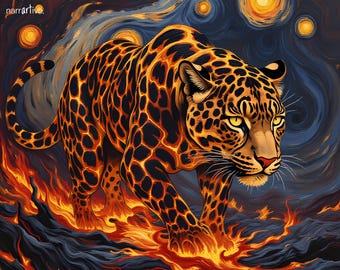 Leopard Wildlife Print – Fantasy Animal Wall Art, Digital Download, Lava Themed Decor, Mystical Nature Artwork – Walking the Edge of Fire