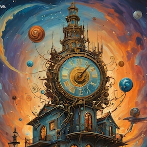 May include: A surreal painting of a clock tower with a large clock face, surrounded by swirling clouds and floating planets. The clock tower is made of metal and has a blue and gold color scheme. The clock face is blue with gold Roman numerals and hands.