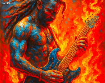Fiery Guitarist Print – Music Wall Art, Rock Flame Digital Painting, Bold Abstract Decor Download – The Song That Burns in Silence