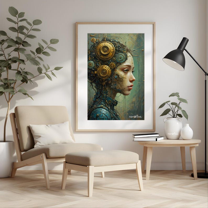 Immerse yourself in a world of sci-fi and surrealism with "The Gears That Own the Soul," a visionary digital portrait. The detailed mechanical elements and futuristic aesthetic create an inspiring setting for book lovers and dreamers.