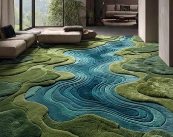 Tappeto 3D in lana con motivo di muschio blu e laghetto, realizzato a mano con tecnica tufting e ispirato alla natura.