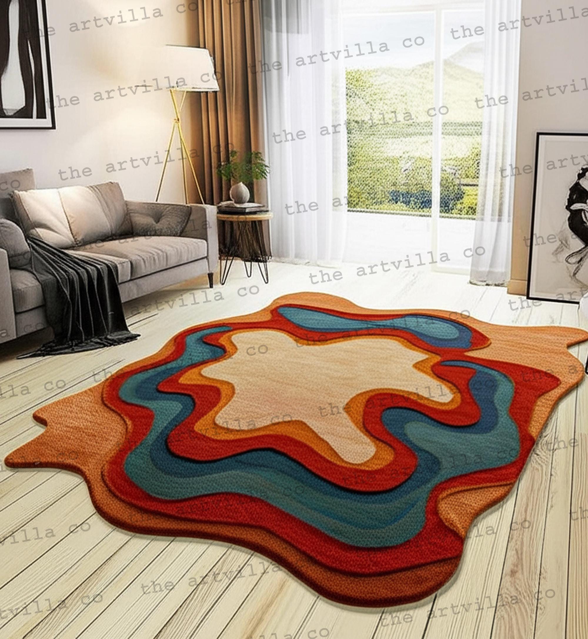 Irregular Brown Beige Blue Layered Pattern Irregular Hand Tufted Wool Area Rugs, 8x8 Amoeba Shape Rugs for Bedroom, 9x9 Abstract Rugs .