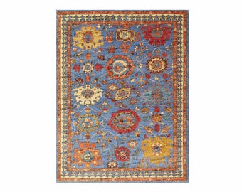 Oushak rug blue haven rug Traditional HAND KNOTTED 9x12 Vintage Antique Oushak Wool Area Rug for Living Room and dining room.