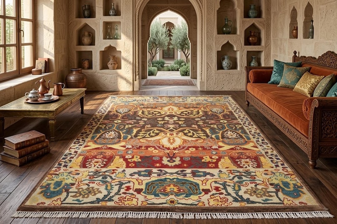 Handmade Peach Wool Rug 8x10: Traditional Oriental Design - Etsy