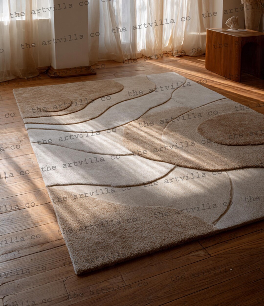 Textured Beige Abstract Rug Hand Tufted Wool Area Rug: Regular Colorful ...