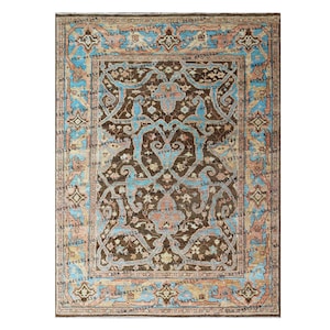 9'X12' brown And Green Rug, Oushak Rug With Ivory, Olive Green & Light Pink Motifs: Modern Coastal Comfort Area Rug