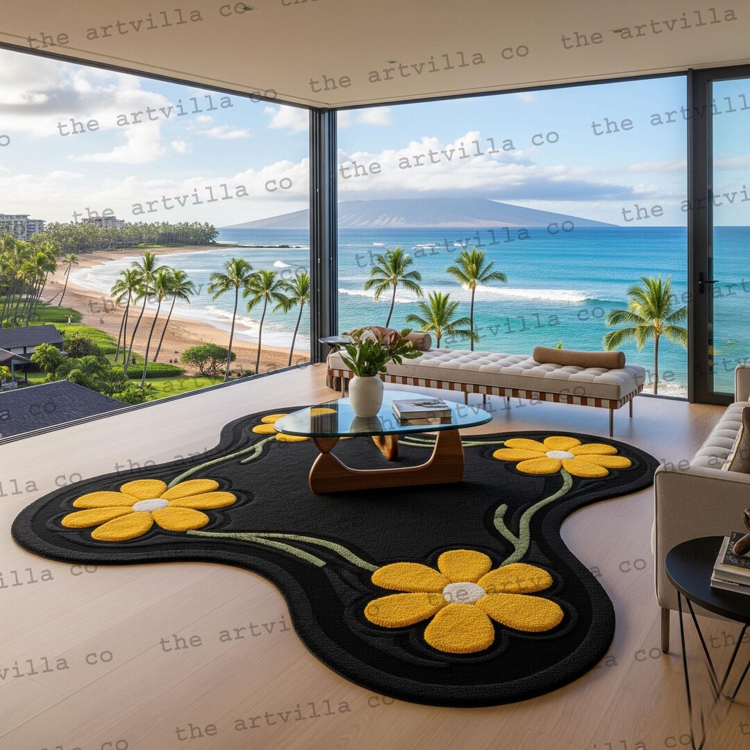 Handmade Floral Wool Rug: Black & Yellow Daisy, Abstract Shag Carpet - Etsy