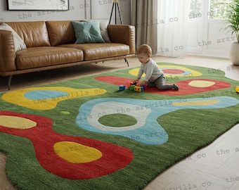 Olive Green Franky Designed Hand Tufted Rugs, 8x10 children Pattern Rugs for Bedroom, 9x12 Wool Area Rugs for Living Room, 5x8 Colorful rugs