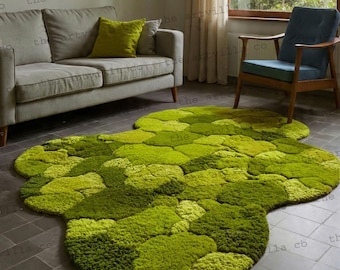wavy moss-Tufted Botanical Rug Handmade Round Moss Rug Tufted Green Area Carpet.