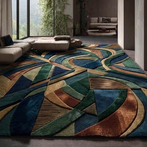 Peut inclure: Un grand tapis de sol coloré avec un design géométrique abstrait. Le tapis présente un mélange de bleus, de verts et de bruns dans un style texturé et à motifs. Le tapis est placé dans un salon moderne.