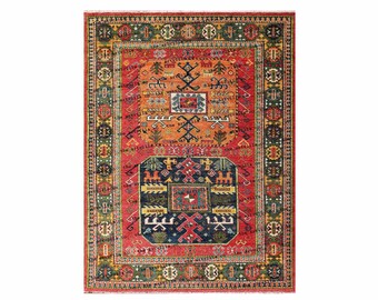 Long-lasting red kazak  Rug 8x10 Modern Hand Knotted hand made red rug large area rugs for living room bedroom and home decor gifts.