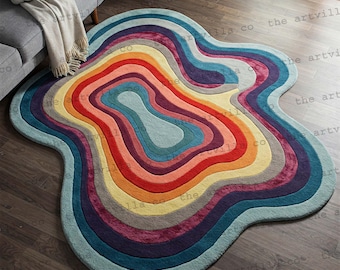 Blue Purple Irregular Hand Tufted Wool Area Rug, 8x10 Amoeba Shape Rug for Bedroom, 9x12 Abstract Rugs for living Room, Custom Handmade Rugs