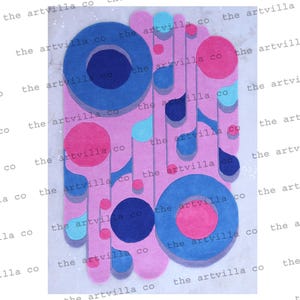 Alfombra de lana tejida a mano: Alfombra abstracta rosa y azul para habitación infantil