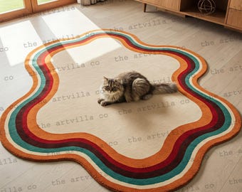 Irregular Modern Colorful Hand Tufted Melting Design 6x9 Kids Room Rug, Abstract 5x8  9x12 Wool Rugs for Living Room, Handmade Area Rug.