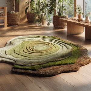 Op de afbeelding: Een uniek, organisch gevormd vloerkleed met een boomringontwerp. Het vloerkleed heeft concentrische cirkels in tinten groen, bruin en beige, waardoor een natuurlijk, getextureerd uiterlijk ontstaat. Het vloerkleed ligt op een houten vloer.